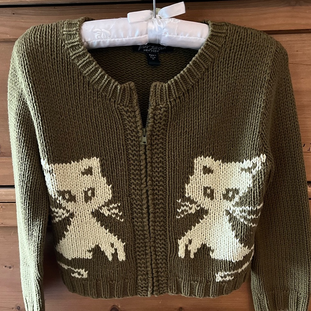 *SOLD* BETSEY JOHNSON GREEN KITTEN CARDIGAN SWEATER SIZE LARGE & MEDIUM - Picture 1 of 8